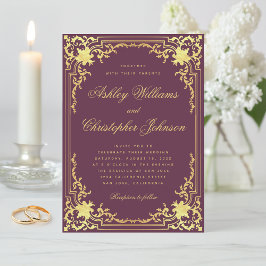 ヴィンテージ結婚式ワインカラー偽ゴールド華麗なフレーム 招待状
