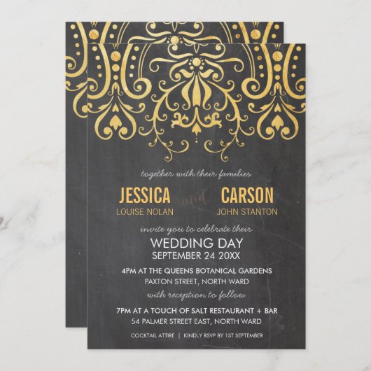 ヴィンテージ結婚式招待状金ゴールド箔フィリグラーダマスク 招待状 (正面/裏面)