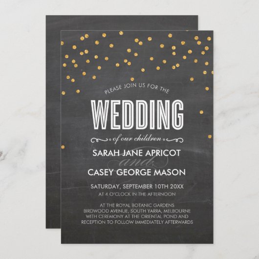 ヴィンテージ結婚式金ゴールドグリッター紙吹雪チョークボード 招待状 (正面/裏面)
