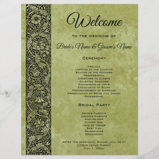 ヴィンテージ結婚式、ビクトリアンフローラスクロールプログラム (正面)