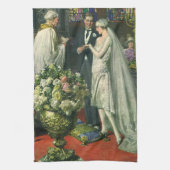ヴィンテージ結婚式、ユダヤの儀礼での花婿花嫁とメノーラ キッチンタオル (縦)