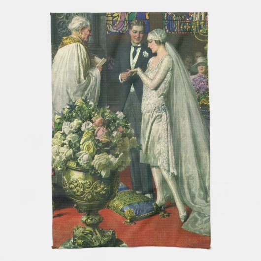 ヴィンテージ結婚式、ユダヤの儀礼での花婿花嫁とメノーラ キッチンタオル (縦)