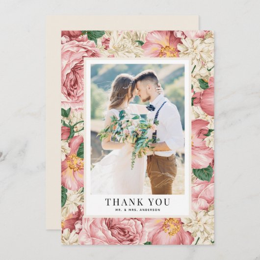 ヴィンテージ結婚牡丹パタ結婚ンの サンキューカード (正面/裏面)