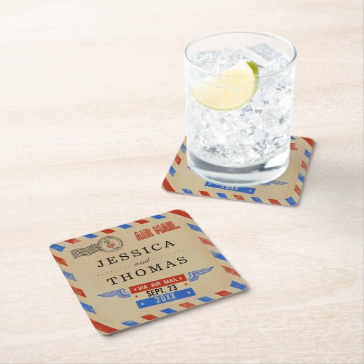 ヴィンテージ結婚航空便 スクエアペーパーコースター (インサイチュ)