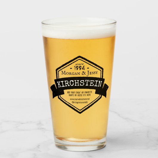 ヴィンテージ結婚記念日リボン六角ロゴ タンブラーグラス (ドリンク正面)