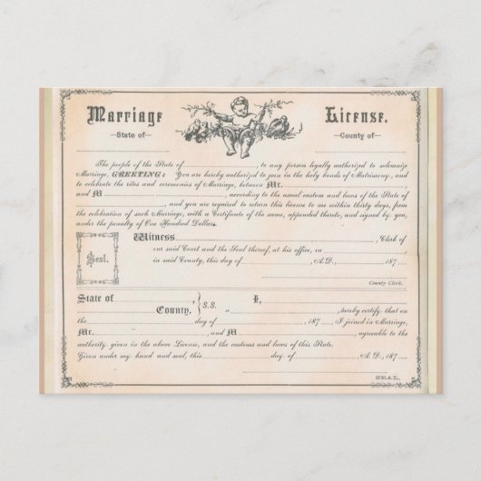 ヴィンテージ結婚許可証はがき ポストカード (正面)