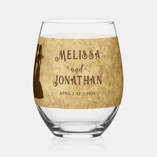 ヴィンテージ結婚赤褐色のカップル ステムなしワイングラス (正面)