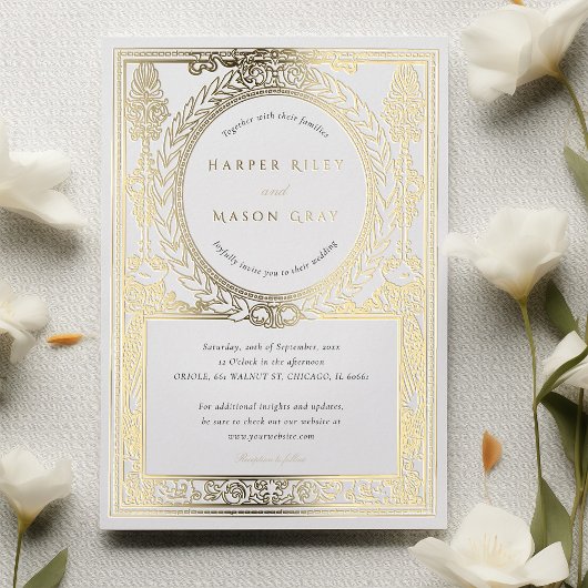 ヴィンテージ結婚金ゴールドの華美ローレルデザイン 箔招待状