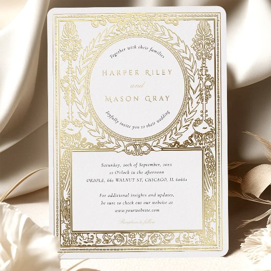 ヴィンテージ結婚金ゴールドの華美ローレルデザイン 箔招待状