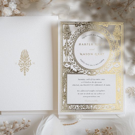 ヴィンテージ結婚金ゴールドの華美ローレルデザイン 箔招待状