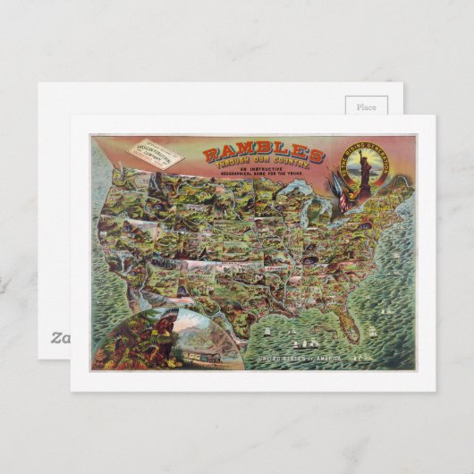 ヴィンテージ統一された州マップランブルトラベル ポストカード (正面/裏面)
