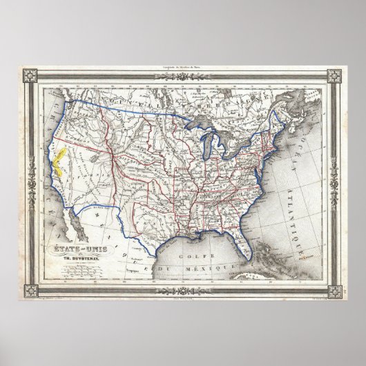 ヴィンテージ統一された州金ゴールドラッシュ地域マップ(1852) ポスター (正面)