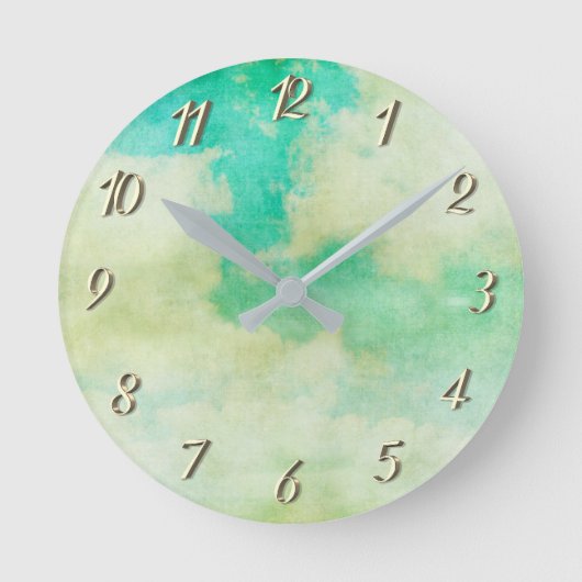 ヴィンテージ絵を描のルックスカイの雲ティール(緑がかった色)クリーム ラウンド壁時計 (正面)