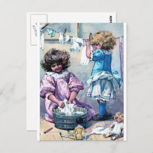 ヴィンテージ絵を描の女の子が洗濯の日 ポストカード (正面/裏面)