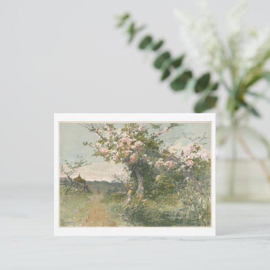 ヴィンテージ絵を描の春とさくらんぼの花 ポストカード (スタンド正面)