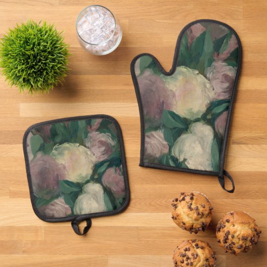 ヴィンテージ絵を描の牡丹が花瓶に 鍋つかみ&鍋敷きセット (トップダウン)