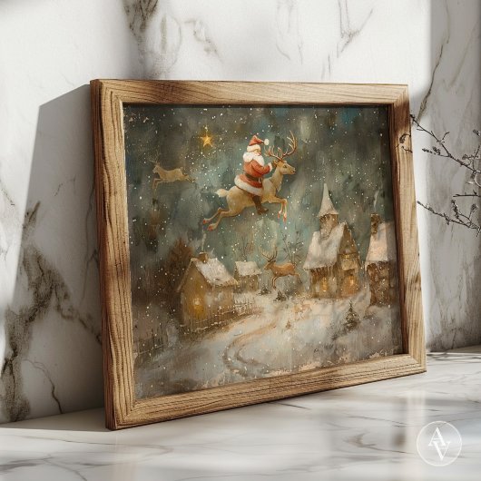 ヴィンテージ絵を描クリスマスサンタクロース&トナカイ ポスター