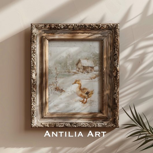 ヴィンテージ絵を描ダック素朴の雪景色 ポスター