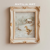 ヴィンテージ絵を描ダック素朴の雪景色 ポスター