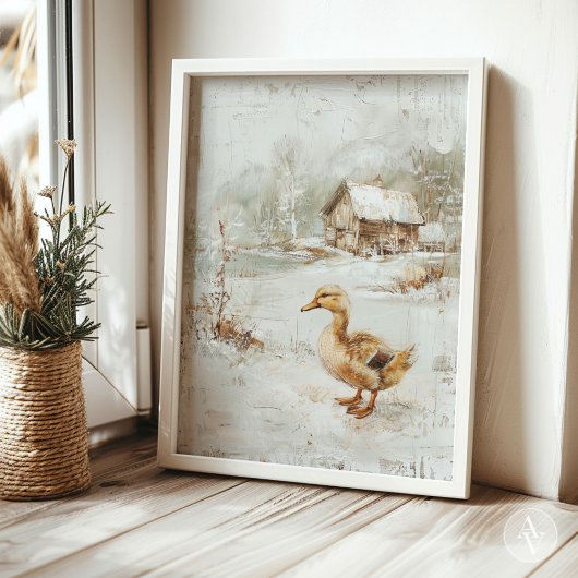 ヴィンテージ絵を描ダック素朴の雪景色 ポスター