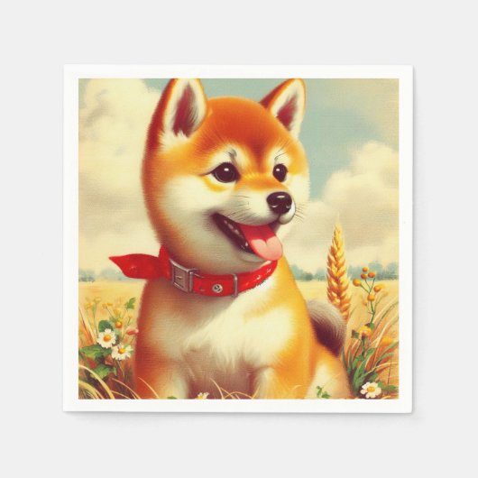 ヴィンテージ絵を描柴犬 スタンダードカクテルナプキン (正面)