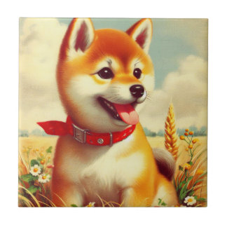 ヴィンテージ絵を描柴犬 タイル