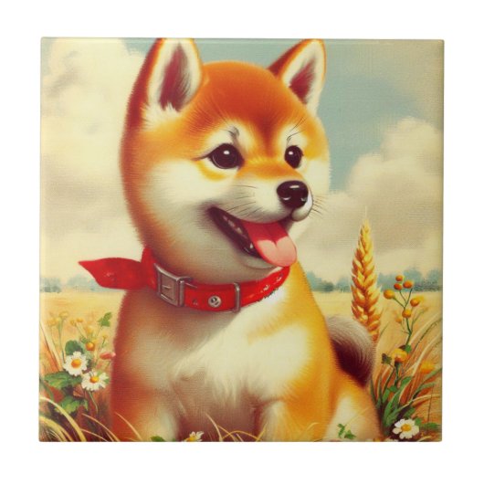 ヴィンテージ絵を描柴犬 タイル (正面)