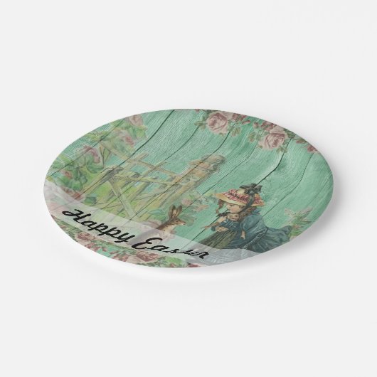 ヴィンテージ絵を描素朴イースターラビットシーン ペーパープレート (アングル)