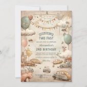 ヴィンテージ絵本の車「Two Fast」誕生日 招待状 (正面)