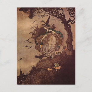 ヴィンテージ絵本の魔女と黒猫のハロウィン ポストカード