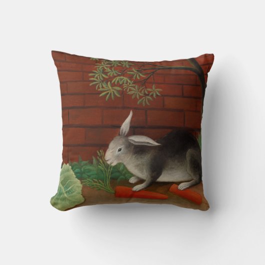 ヴィンテージ絵画うさぎ食べのニンジン クッション (正面)