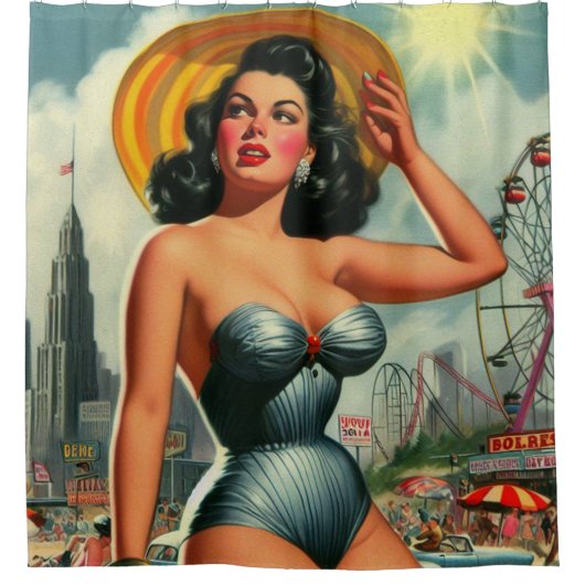 ヴィンテージ絵画のピン留め シャワーカーテン (正面)