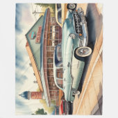 ヴィンテージ絵画カーとダイナーの水色 フリースブランケット (正面)