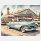 ヴィンテージ絵画カーとダイナーの水色 フリースブランケット (正面(横))