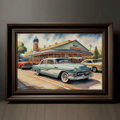 ヴィンテージ絵画カーとダイナーの水色 ポスター