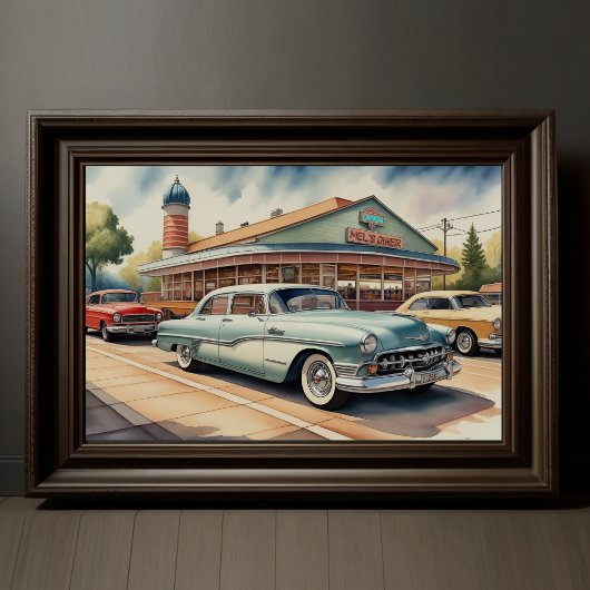 ヴィンテージ絵画カーとダイナーの水色 ポスター