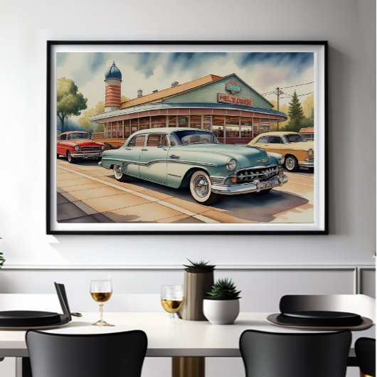 ヴィンテージ絵画カーとダイナーの水色 ポスター