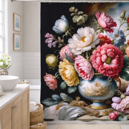 ヴィンテージ絵画スタイルの花花花瓶 シャワーカーテン