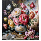 ヴィンテージ絵画スタイルの花花花瓶 シャワーカーテン (正面)