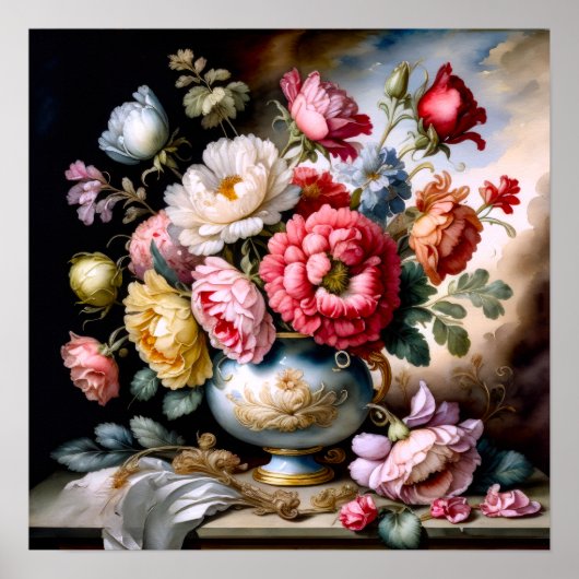 ヴィンテージ絵画スタイルの花花花瓶 ポスター (正面)