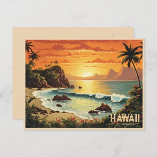 ヴィンテージ絵画ズハワイビーチトロピカルパラダイス ポストカード (正面/裏面)