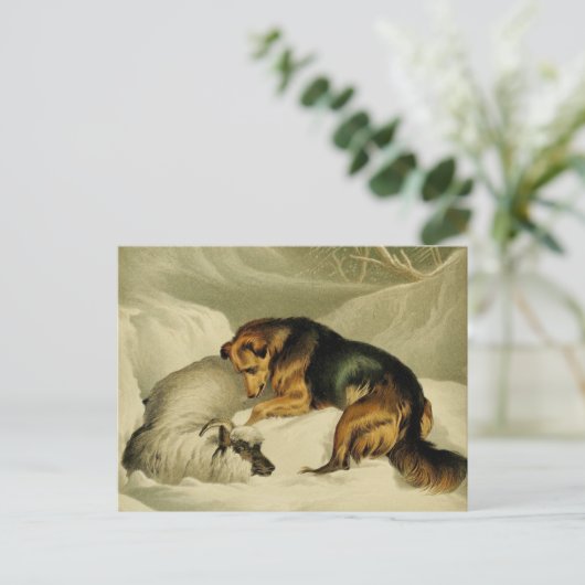 ヴィンテージ絵画ズ：雪の中のドイツの羊飼い ポストカード (スタンド正面)