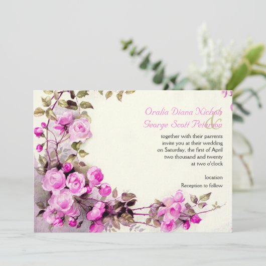 ヴィンテージ絵画ロマンチックなピンクのバラ結婚の香り 招待状 (スタンド正面)