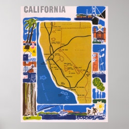 ヴィンテージ絵画風カリフォルニア地図ポスター 1950 ポスター