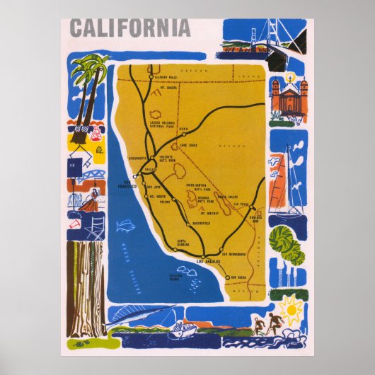 ヴィンテージ絵画風カリフォルニア地図ポスター 1950 ポスター (正面)
