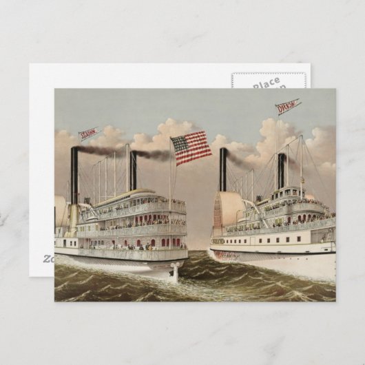ヴィンテージ絵画 ミシシッピ川の蒸気船 ポストカード (正面/裏面)