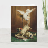 ヴィンテージ絵- 2枚のパグと1枚のコッカトゥー カード (正面)