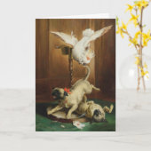 ヴィンテージ絵- 2枚のパグと1枚のコッカトゥー カード (黄色い花)