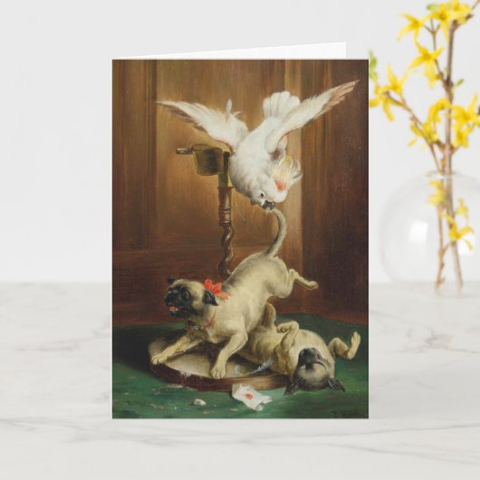 ヴィンテージ絵- 2枚のパグと1枚のコッカトゥー カード (黄色い花)