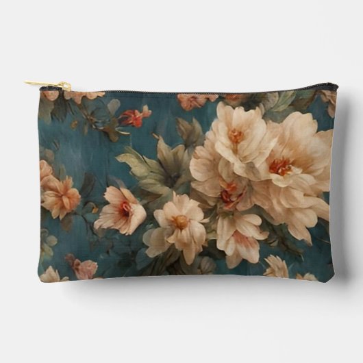 ヴィンテージ絶妙な白と緑豊かなサンゴ赤い花 アクセサリーポーチ (正面)